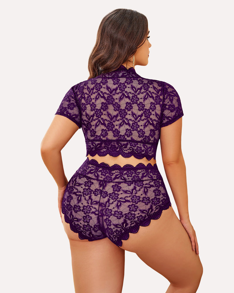 Plus Size Purple Floral Lace Lingerie Set with Short Sleeve Top and High-Waisted Shorts
