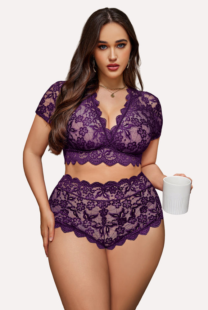 Plus Size Purple Floral Lace Lingerie Set - Deep V bra and high-waisted shorts, scalloped trim