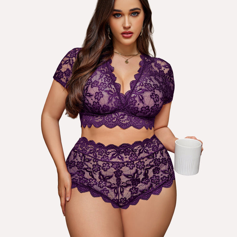 Plus Size Purple Floral Lace Lingerie Set - Deep V bra and high-waisted shorts, scalloped trim