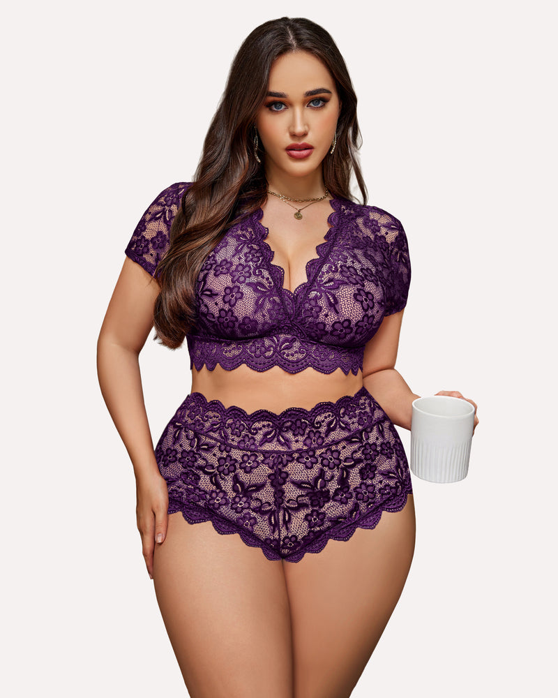 Plus Size Purple Floral Lace Lingerie Set - Deep V bra and high-waisted shorts, scalloped trim