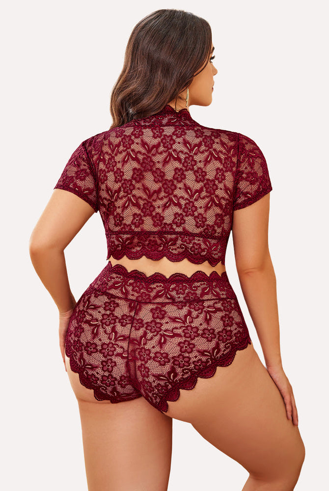 Plus Size Burgundy Floral Lace Lingerie Set - Short sleeve top and high-waisted shorts