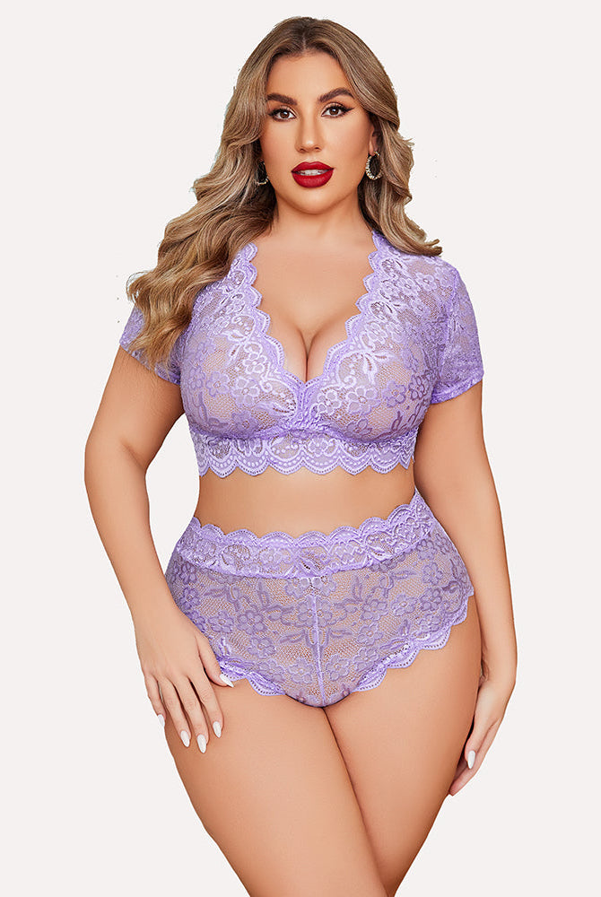 Plus Size Purple Floral Lace Lingerie Set with Deep V Bra and High-Waisted Shorts, scalloped trim