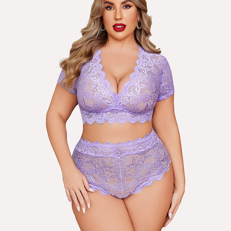 Plus Size Purple Floral Lace Lingerie Set with Deep V Bra and High-Waisted Shorts, scalloped trim
