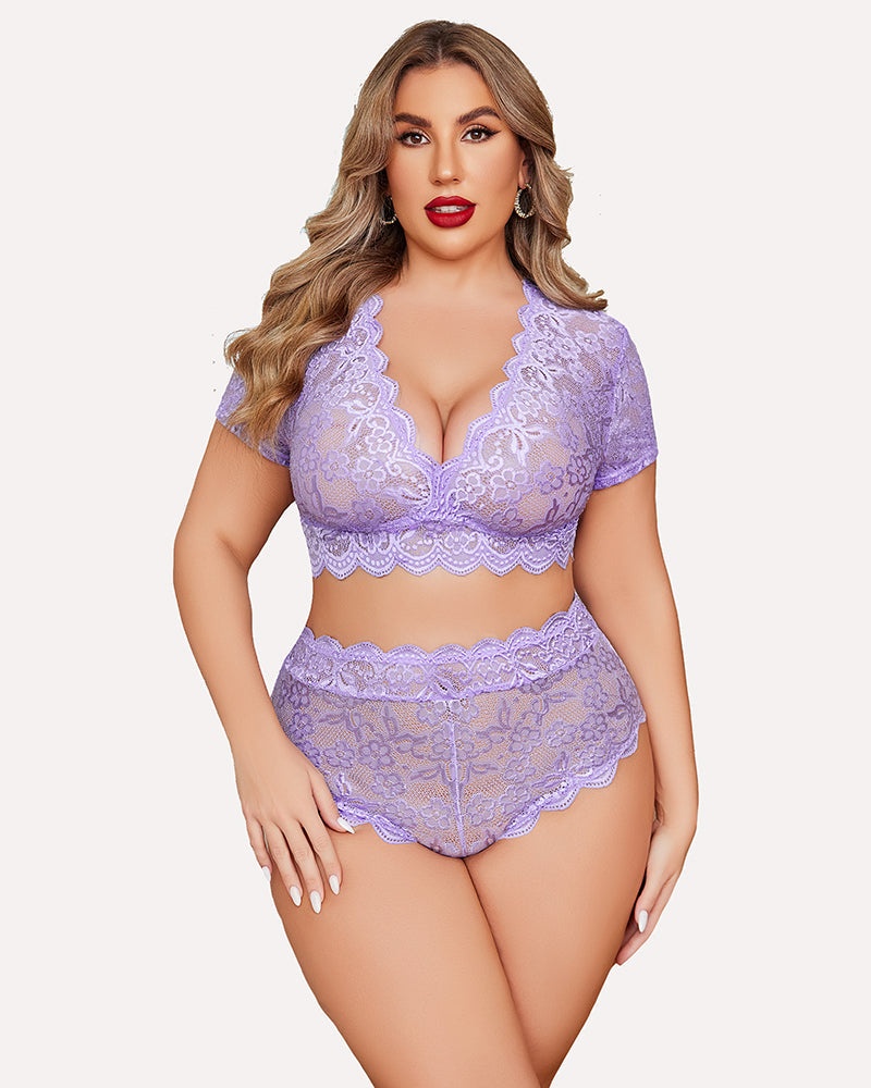 Plus Size Purple Floral Lace Lingerie Set with Deep V Bra and High-Waisted Shorts, scalloped trim