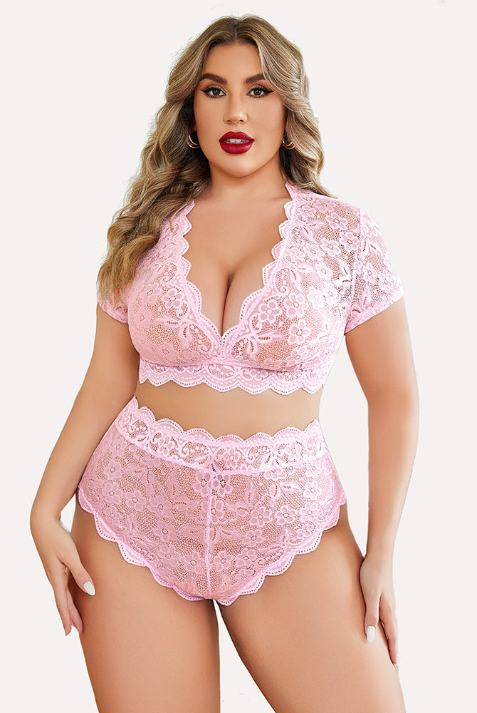 Plus Size Pink Floral Lace Lingerie Set - Deep V bra, high-waisted shorts, scalloped trim