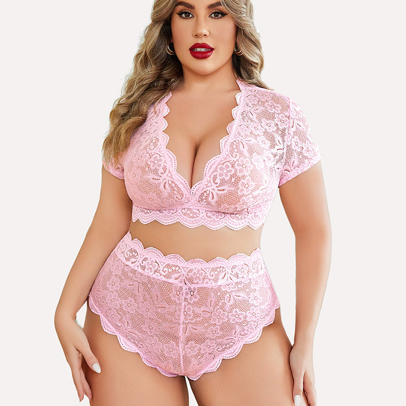 Plus Size Pink Floral Lace Lingerie Set - Deep V bra, high-waisted shorts, scalloped trim