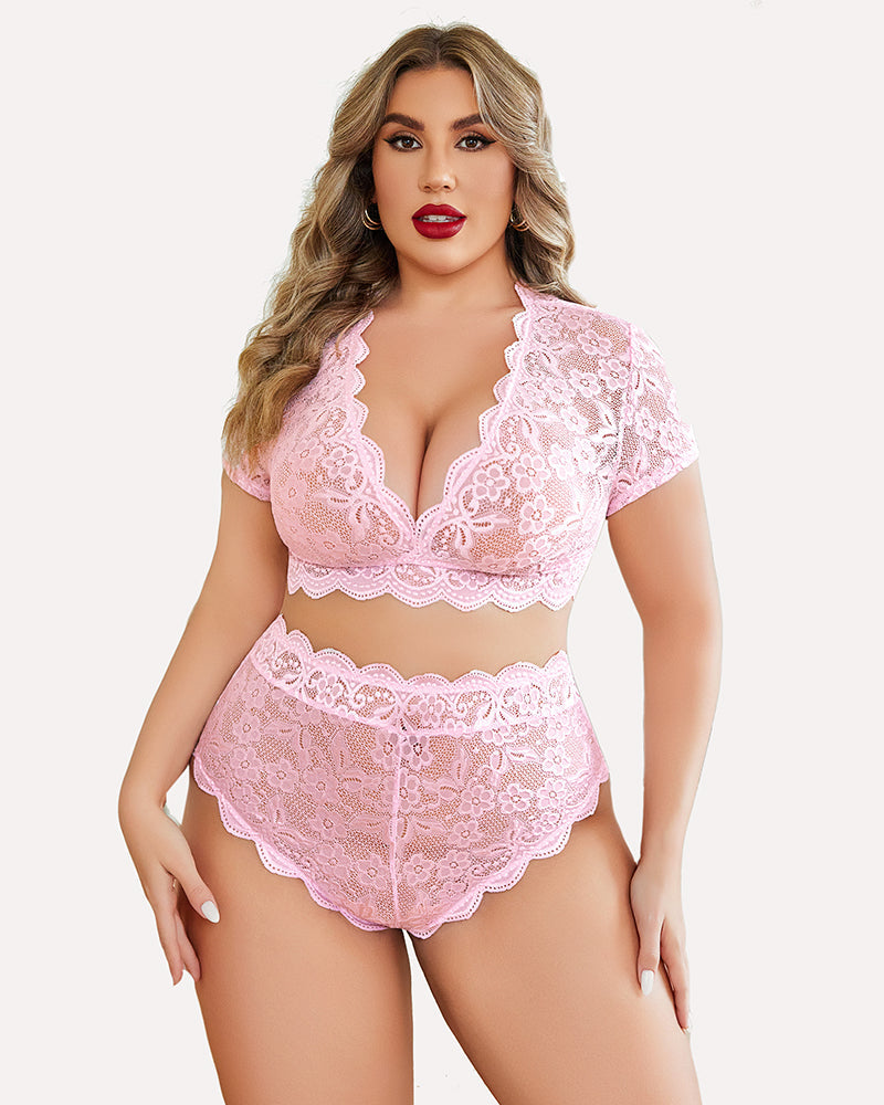 Plus Size Pink Floral Lace Lingerie Set - Deep V bra, high-waisted shorts, scalloped trim