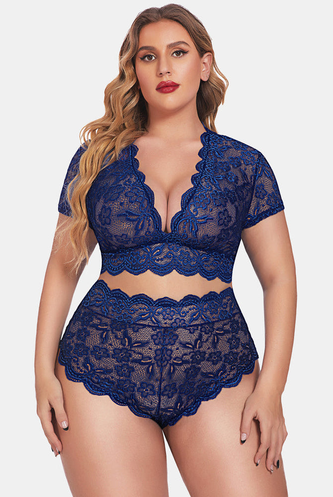 Plus Size Blue Floral Lace Lingerie Set with Deep V Bra and High-Waisted Shorts
