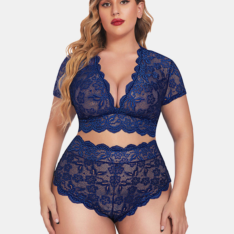 Plus Size Blue Floral Lace Lingerie Set with Deep V Bra and High-Waisted Shorts