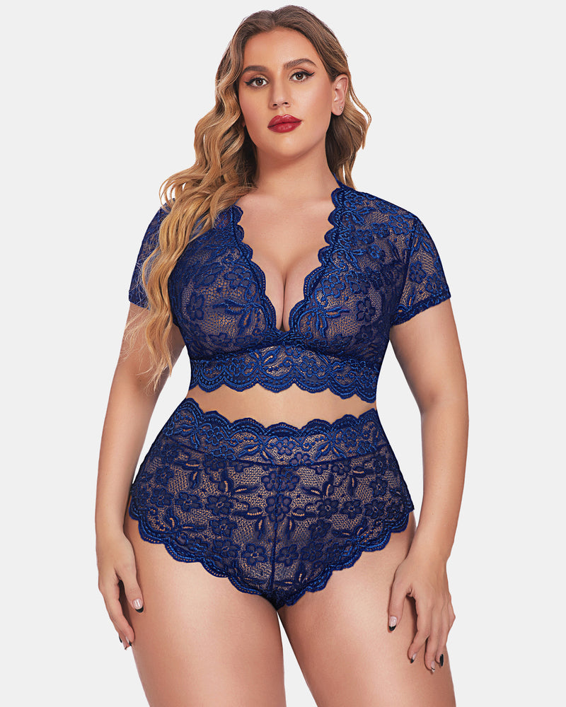 Plus Size Blue Floral Lace Lingerie Set with Deep V Bra and High-Waisted Shorts