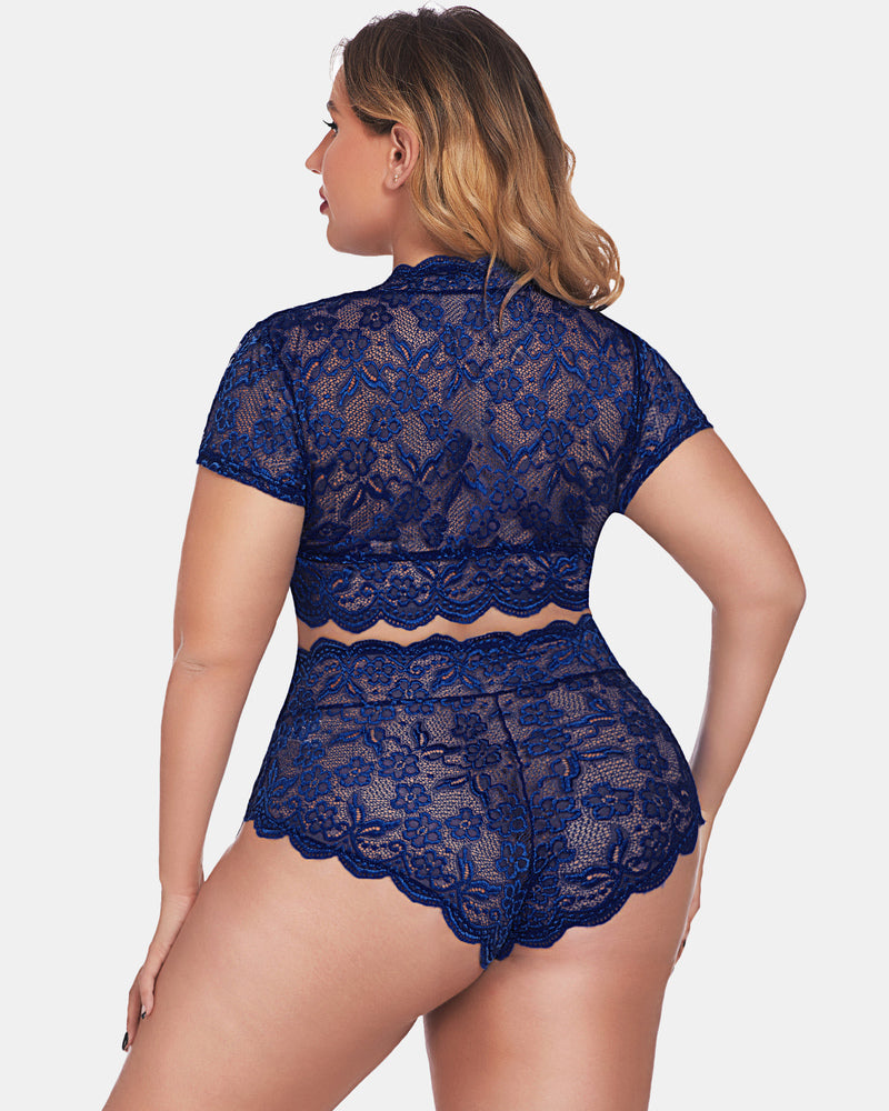 Plus Size Lingerie Set: Navy blue floral lace bra and shorts with scalloped trim, side view