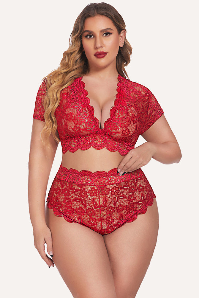 Plus Size Red Floral Lace Lingerie Set - Deep V bra with high-waisted shorts, scalloped trim