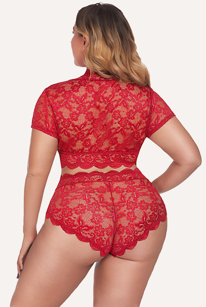 Plus size red floral lace lingerie set: short sleeve top and high-waisted shorts, scalloped trim