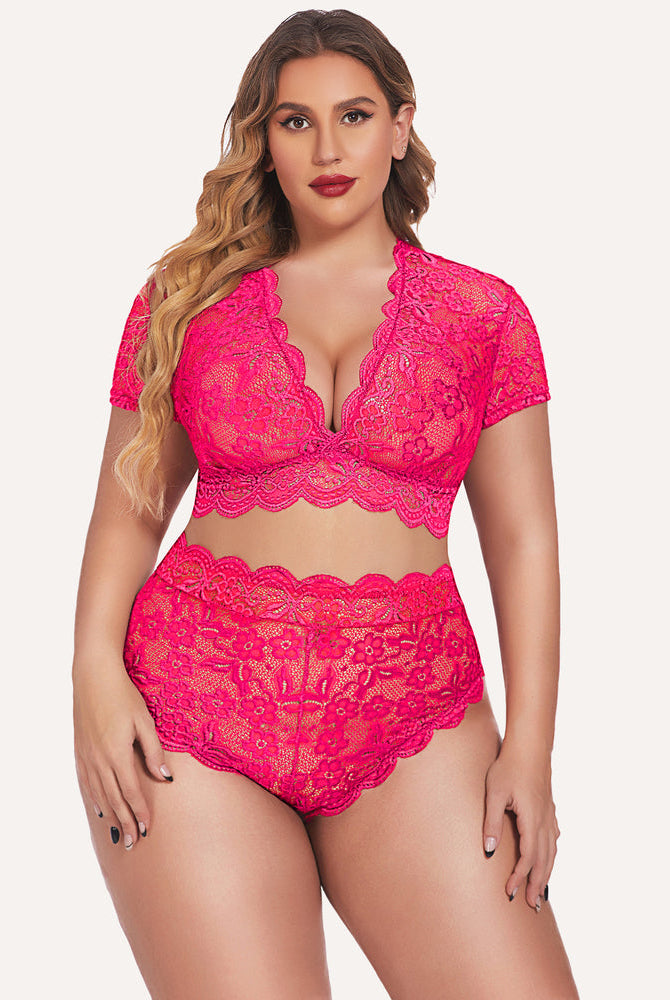 Plus Size Fuchsia Floral Lace Lingerie Set with Deep V-Neck, Short Sleeves, and High-Waisted Shorts