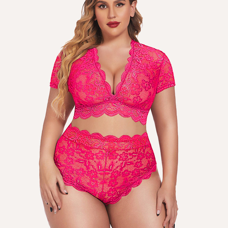 Plus Size Fuchsia Floral Lace Lingerie Set with Deep V-Neck, Short Sleeves, and High-Waisted Shorts