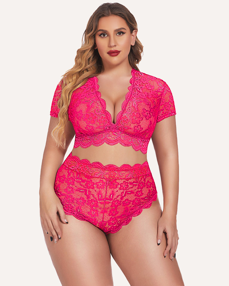 Plus Size Fuchsia Floral Lace Lingerie Set with Deep V-Neck, Short Sleeves, and High-Waisted Shorts