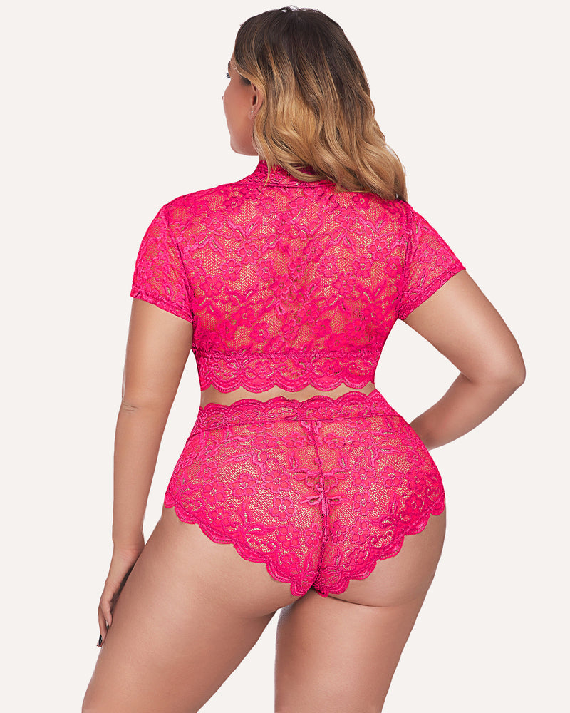 Plus Size Fuchsia Floral Lace Lingerie Set with Short Sleeve Top and High-Waisted Shorts