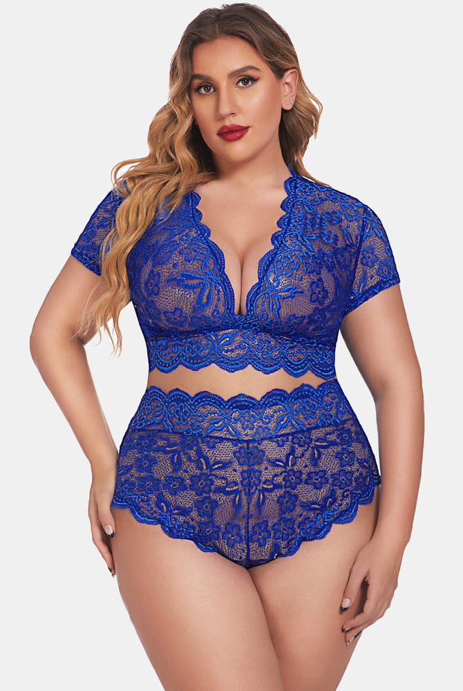 Plus Size Cobalt Blue Lace Lingerie Set - Deep V bra with high-waisted shorts, floral lace trim