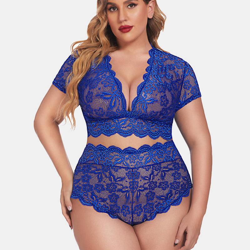 Plus Size Cobalt Blue Lace Lingerie Set - Deep V bra with high-waisted shorts, floral lace trim