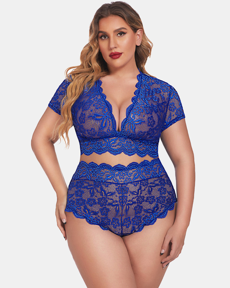 Plus Size Cobalt Blue Lace Lingerie Set - Deep V bra with high-waisted shorts, floral lace trim