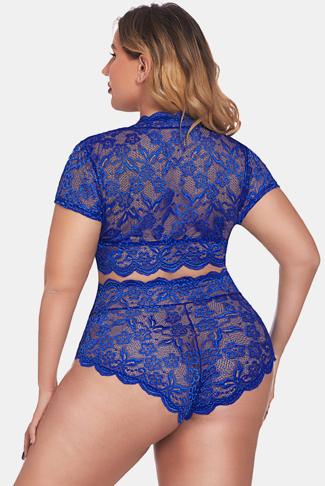 Plus Size Cobalt Blue Lace Lingerie Set - Short sleeve top and high-waisted shorts, floral lace trim