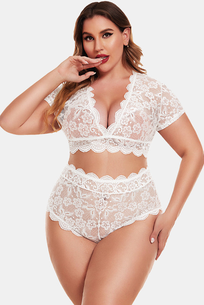 Plus Size White Lace Lingerie Set with Floral Design, Deep V Bra and High Waisted Shorts