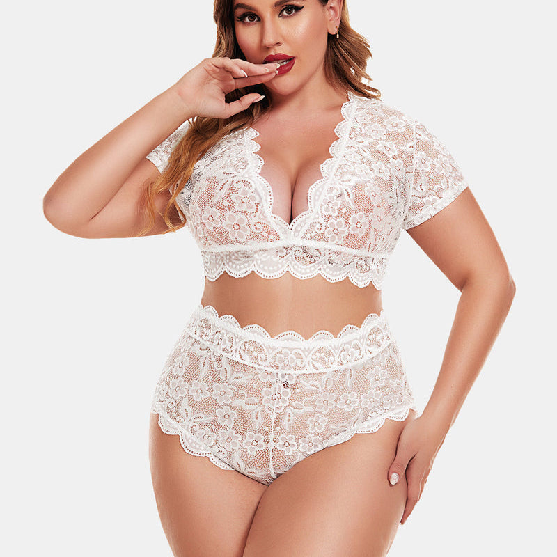Plus Size White Lace Lingerie Set with Floral Design, Deep V Bra and High Waisted Shorts