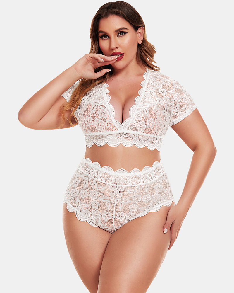 Plus Size White Lace Lingerie Set with Floral Design, Deep V Bra and High Waisted Shorts