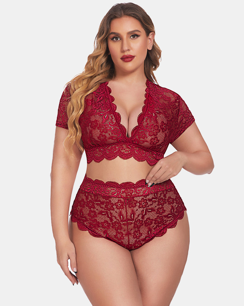 Plus Size Red Floral Lace Lingerie Set with Deep V Bra and High-Waisted Shorts
