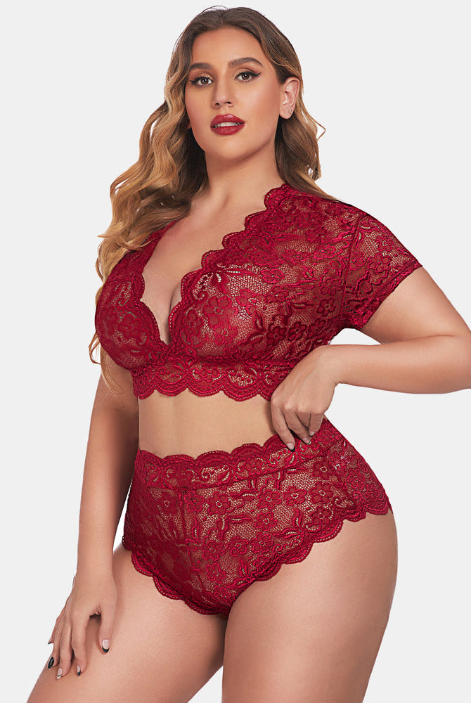Plus Size Burgundy Floral Lace Lingerie Set with Deep V Bra and High-Waisted Shorts
