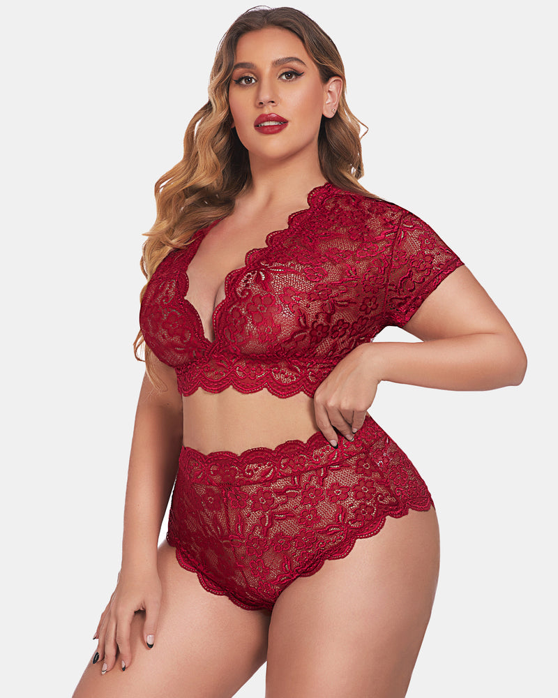 Plus Size Burgundy Floral Lace Lingerie Set with Deep V Bra and High-Waisted Shorts