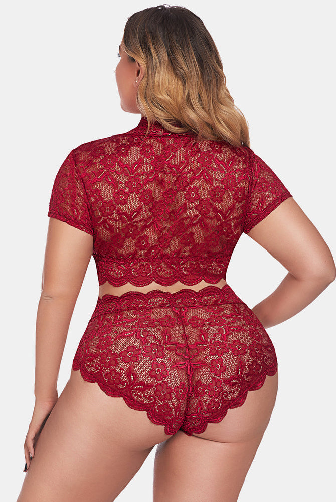 Plus Size Burgundy Lace Lingerie Set: short sleeve top and high-waisted shorts