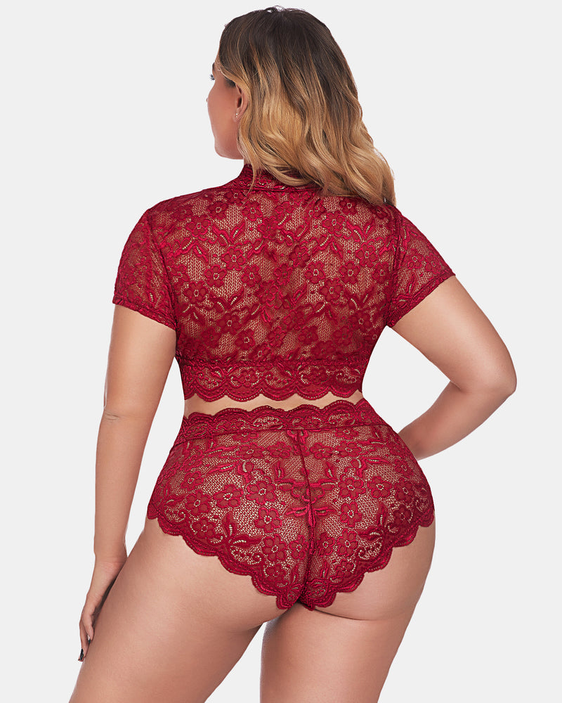 Plus Size Burgundy Lace Lingerie Set: short sleeve top and high-waisted shorts