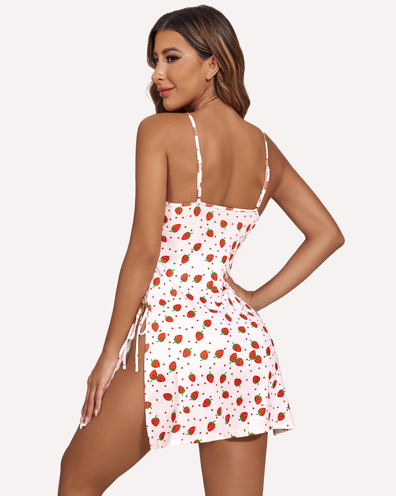 Avidlove white strawberry print nightie, side slit, adjustable straps. Sexy lingerie for women.