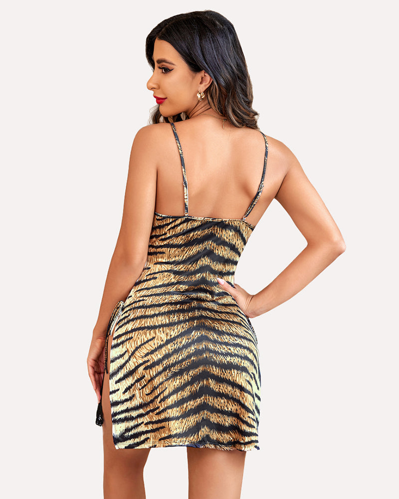 Avidlove tiger print chemise with spaghetti straps, side slit and lace detail. Silk lingerie
