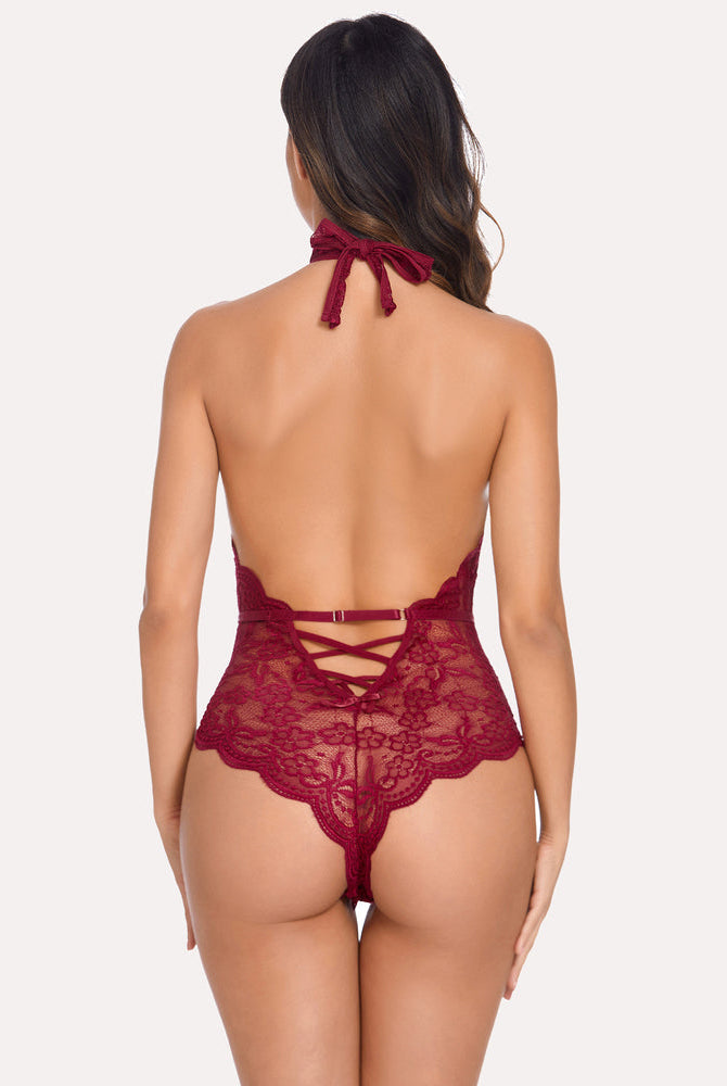 Burgundy Avidlove lace halter bodysuit, deep V-neck, backless design, snap crotch; sexy lingerie.