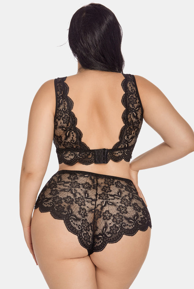 Plus Size Black Lace Halter Bralette and High Waist Panty Set. Scalloped trim, sheer floral lace.