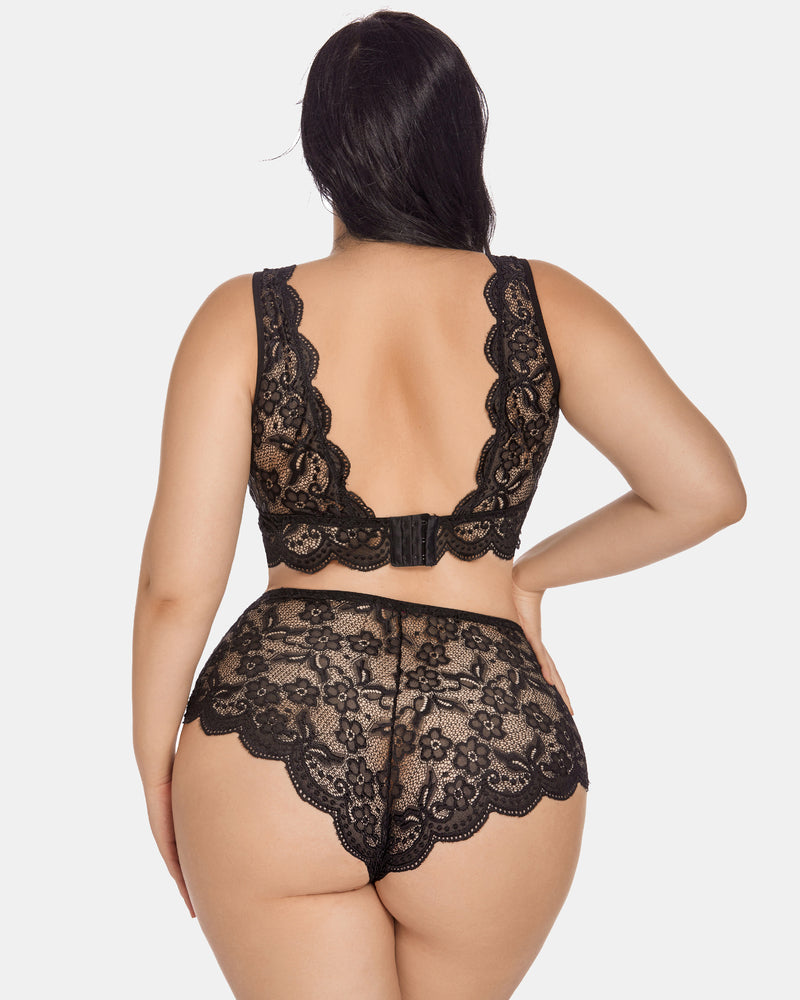 Plus Size Black Lace Halter Bralette and High Waist Panty Set. Scalloped trim, sheer floral lace.