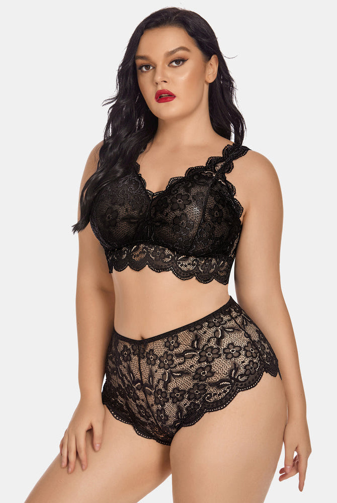 Plus Size Black Lace Halter Bralette and High Waist Panty Set, Floral Lace Lingerie
