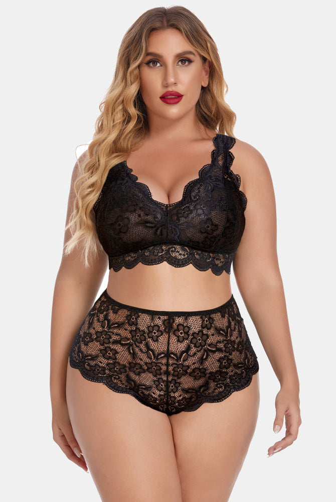 Plus Size Black Lace Lingerie Set. Comfortable halter bralette and high waist panty for confidence.