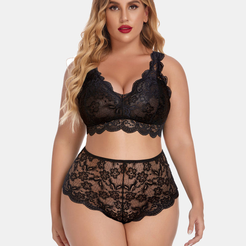 Plus Size Black Lace Lingerie Set. Comfortable halter bralette and high waist panty for confidence.