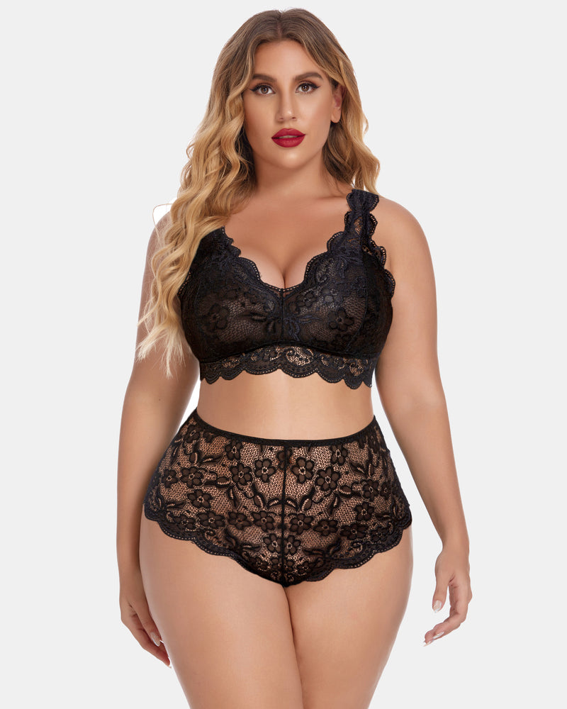 Plus Size Black Lace Lingerie Set. Comfortable halter bralette and high waist panty for confidence.