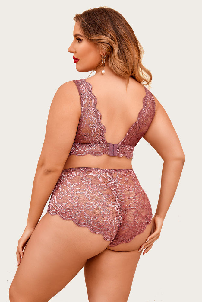 Plus Size Mauve Lace Halter Bralette and High Waist Panty Set, scalloped trim and floral lace.