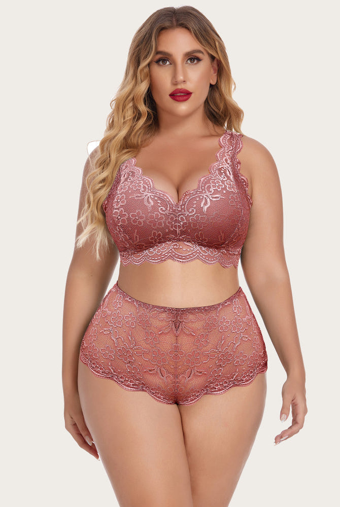 Plus Size Mauve Lace Lingerie Set. Floral lace bralette and high waist panty, comfortable and sexy.