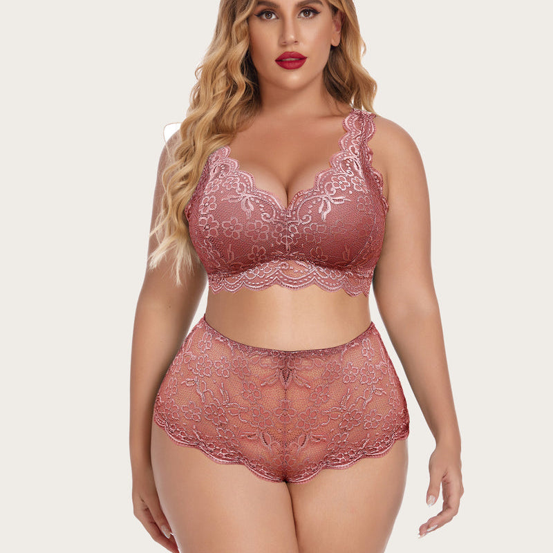 Plus Size Mauve Lace Lingerie Set. Floral lace bralette and high waist panty, comfortable and sexy.