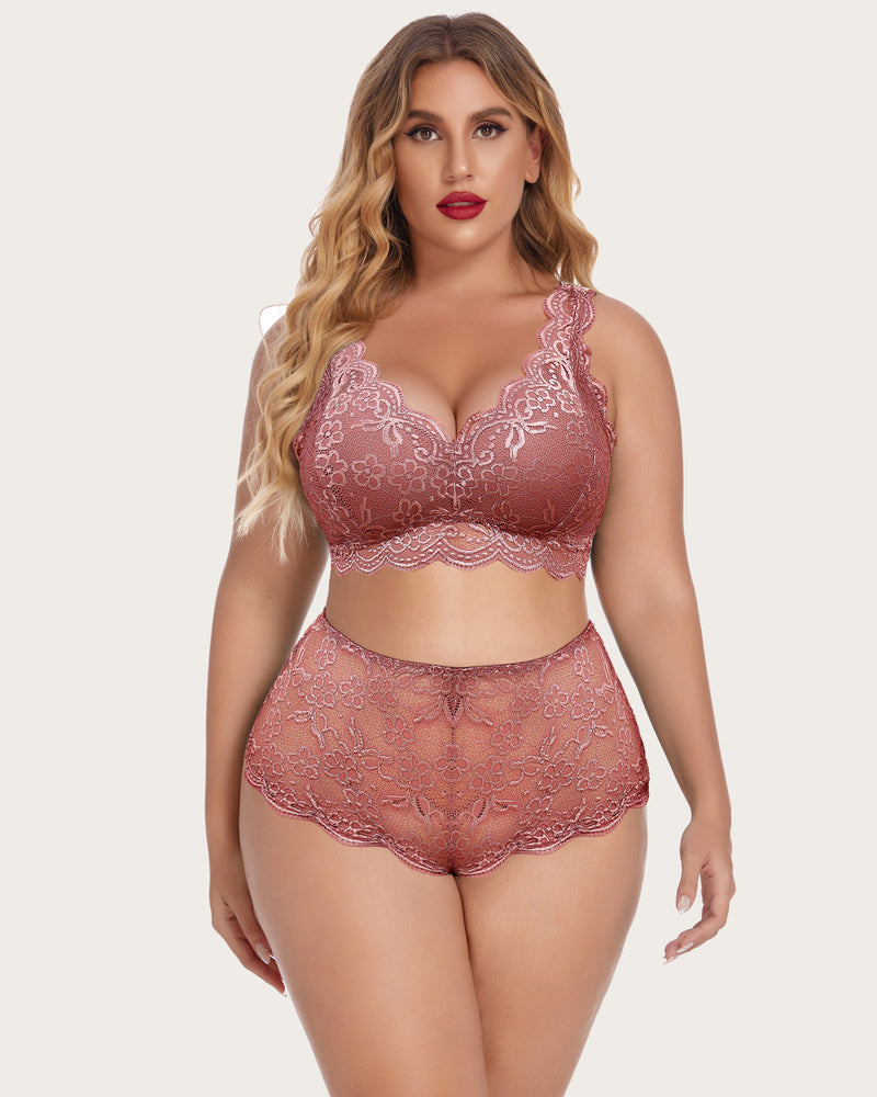 Plus Size Mauve Lace Lingerie Set. Floral lace bralette and high waist panty, comfortable and sexy.