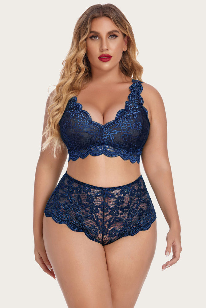 Navy lace plus size lingerie set. Halter bralette and high waist panty with floral lace.
