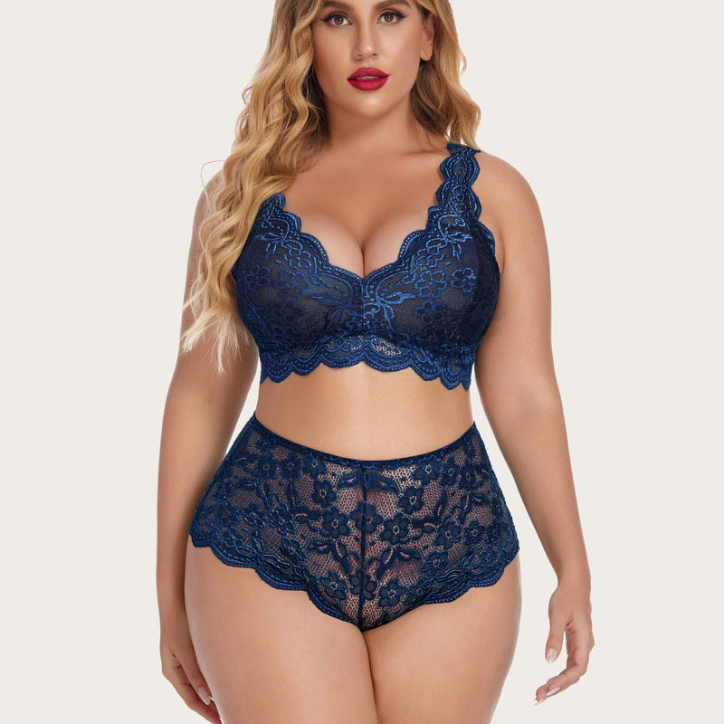 Navy lace plus size lingerie set. Halter bralette and high waist panty with floral lace.