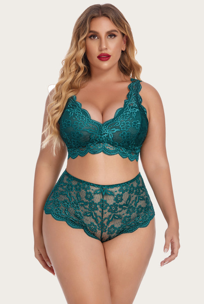 Plus size teal lace halter bralette and high waist panty set, floral lace details, scallop trim.