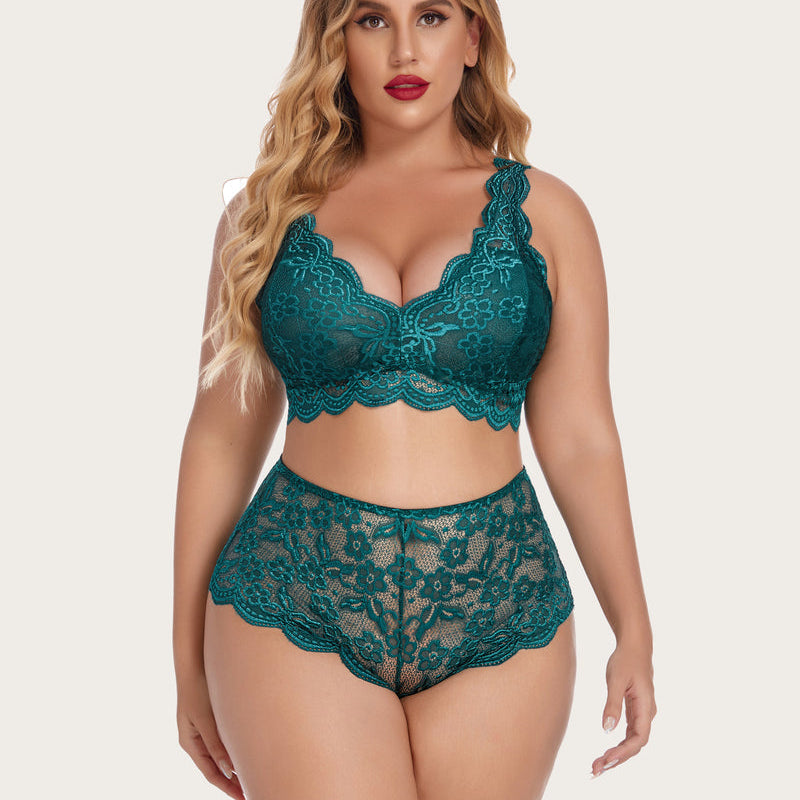 Plus size teal lace halter bralette and high waist panty set, floral lace details, scallop trim.